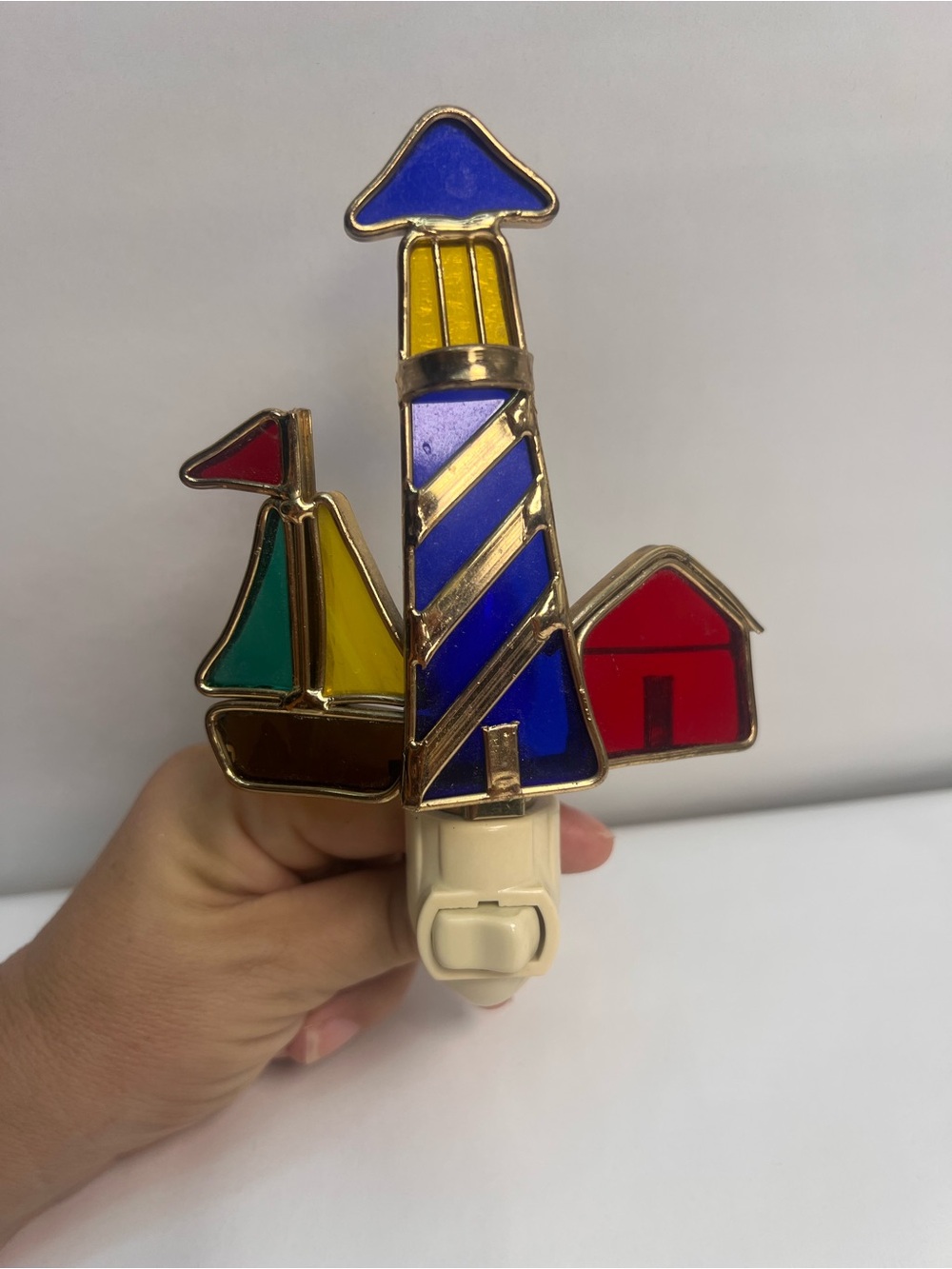 Stained Glass Lighthouse Sailboat Night Light Nautical Coastal Red Blue